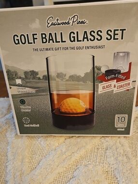 Golf Ball Glass Set - Amber Glass with Wooden Coaster & Golf Ball. New In box